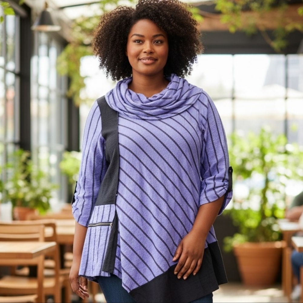 ALI MILES | Art To Wear Lagenlook Asymmetrical Artsy Purple Black Top Stripe | M